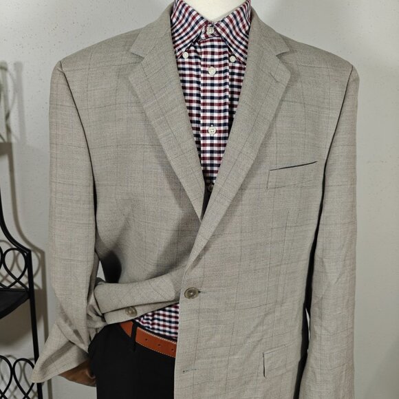 Calvin‎ Klein Men's Sport Coat Blazer Two Button Taupe Grayish Plaid Wool Sz 46L - Picture 2 of 16